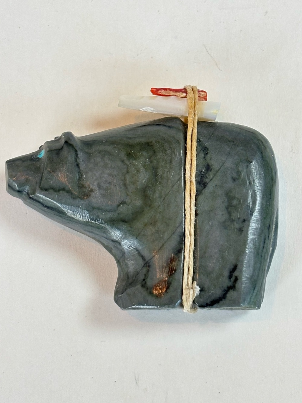 Native American Style Serpentine Stone Bear Fetish Carving with Turquoise Inlay